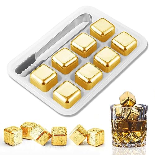 Whisky Steine Edelstahl Set, Whisky Eiswürfel Wiederverwendbar, mit Kieselgel Eisclip, Gold, 8 Stück von sinzau