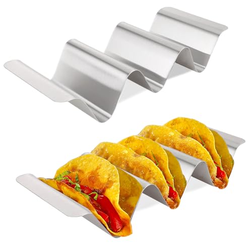 2 Stück Taco Halter, Edelstahl Taco Ständer, Halter Ständer in Wellenform, Spülmaschinenfest Halter Set/Hotdog Halterung, mit Griffen, für Tacos, Sandwiches und Hot Dog, Silber von sinzau