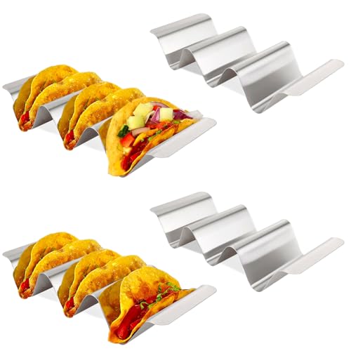 4 Stück Taco Halter, Edelstahl Taco Ständer, Wiederverwendbar Taco Rack, Halter Ständer in Wellenform,Tray Holder Hält, mit Griffen, für Hot Dogs,Sandwiches und Pfannkuchen, Silbrig von sinzau