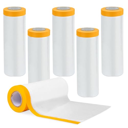 sinzau 6 Pack Abdeckfolie Klebeband, 1,1 x 20 m Vorgeklebte Abdeckfolie mit Gewebeklebeband Selbstklebende, Polyethylene Dust Film, Transparent Cover with Adhesive, Household Dust Masking Film, von sinzau
