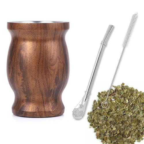 sinzau Mate Becher, Mate Tee Set, Mit Strohhalmlöffel und Reinigungsbürste, 230ml Mate Gourd Set für Mate Tee, Kaffee, Milch und Saft (Farbe der Holzmaserung) von sinzau