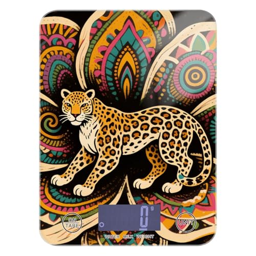Digitale Lebensmittelwaage im Boho-Mandala-Blumen-Design, Leopardenmuster, bunt, LCD-Display, 5 kg/5 g, Mini-Waage mit 4 Einheiten zum Braten, Backen, Seifenherstellung (Batterien nicht im von siphylline