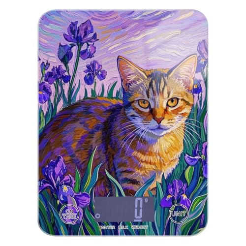 Digitale Mini-Waage mit süßer brauner Katze, violette Blumen, LCD-Display, 5 kg/5 g, Mini-Waage mit 4 Einheiten für Diät, Mahlzeiten, Vorbereitung von Mahlzeiten (Batterien nicht im Lieferumfang von siphylline
