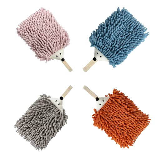 sisiten Handtuch zum Aufhängen mit Knopfschlaufe für Küche und Badezimmer, lustiges Mikrofaser-Chenille-Handtuch, niedliches Igel-Design, 4 Stück von sisiten