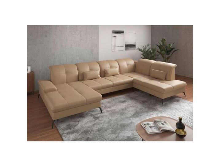 Sit & More WOHNLANDSCHAFT, Cappuccino, Leder, Kombination Echtleder/Stoff, Nappaleder, 6,5-Sitzer, Ottomane rechts, U-Form, 357x231 cm, Goldenes M, von sit&more