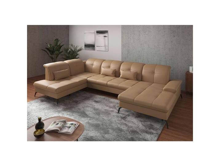 Sit & More WOHNLANDSCHAFT, Cappuccino, Leder, Kombination Echtleder/Stoff, Nappaleder, 6.5-Sitzer, Ottomane links, U-Form, 357x231 cm, Goldenes M, von sit&more
