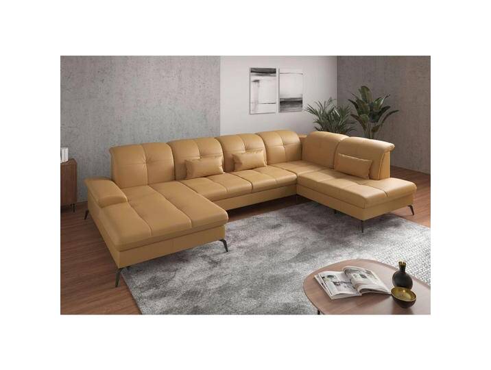 Sit & More WOHNLANDSCHAFT, Currygelb, Leder, Kombination Echtleder/Stoff, Nappaleder, 6,5-Sitzer, Ottomane rechts, U-Form, 357x231 cm, Goldenes M, von sit&more