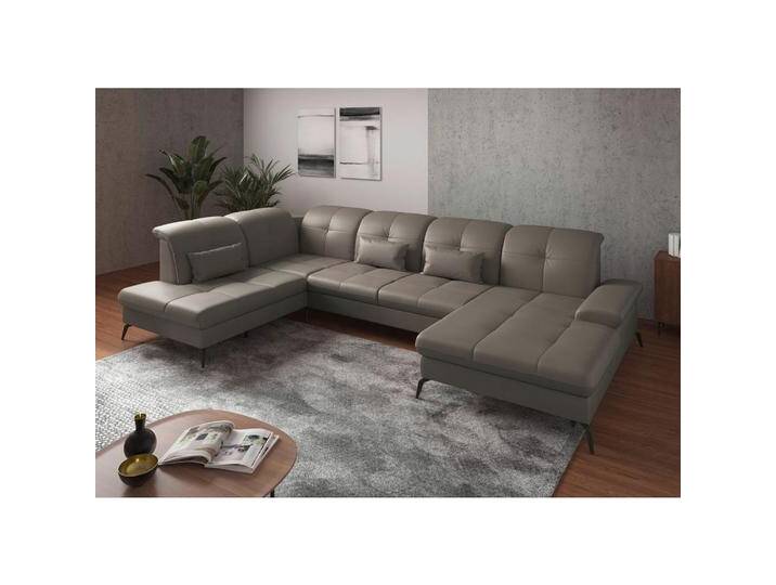 Sit & More WOHNLANDSCHAFT, Grau, Leder, Kombination Echtleder/Stoff, Nappaleder, 6,5-Sitzer, Ottomane links, U-Form, 357x231 cm, Goldenes M, Made in von sit&more