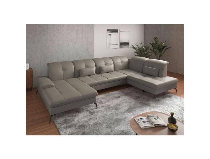 Sit & More WOHNLANDSCHAFT, Grau, Leder, Kombination Echtleder/Stoff, Nappaleder, 6,5-Sitzer, Ottomane rechts, U-Form, 357x231 cm, Goldenes M, Made in von sit&more