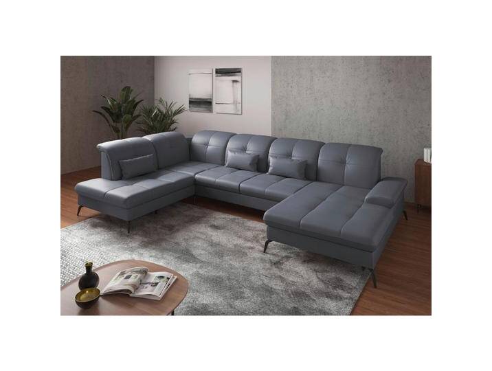 Sit & More WOHNLANDSCHAFT, Graublau, Leder, Kombination Echtleder/Stoff, Nappaleder, 6.5-Sitzer, Ottomane links, U-Form, 357x231 cm, Goldenes M, Made von sit&more