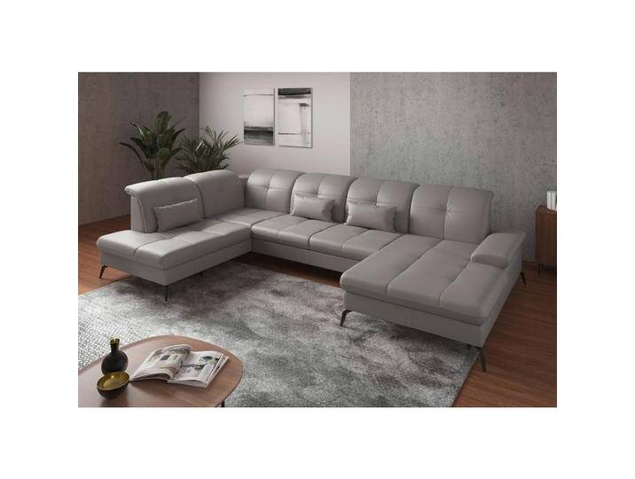 Sit & More WOHNLANDSCHAFT, Hellgrau, Leder, Kombination Echtleder/Stoff, Nappaleder, 6,5-Sitzer, Ottomane links, U-Form, 357x231 cm, Goldenes M, Made von sit&more