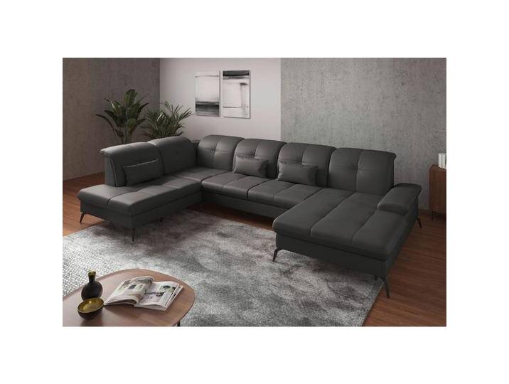 Sit & More WOHNLANDSCHAFT, Mokka, Leder, Kombination Echtleder/Stoff, Nappaleder, 6,5-Sitzer, Ottomane links, U-Form, 357x231 cm, Goldenes M, Made in von sit&more