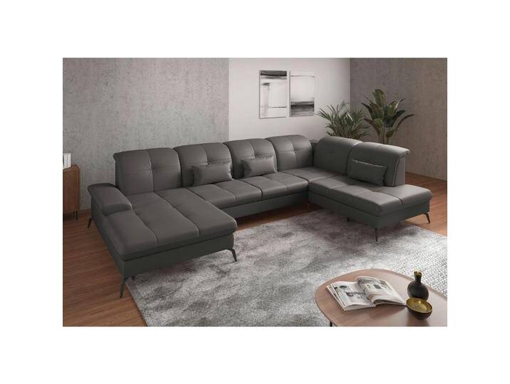 Sit & More WOHNLANDSCHAFT, Mokka, Leder, Kombination Echtleder/Stoff, Nappaleder, 6,5-Sitzer, Ottomane rechts, U-Form, 357x231 cm, Goldenes M, Made in von sit&more