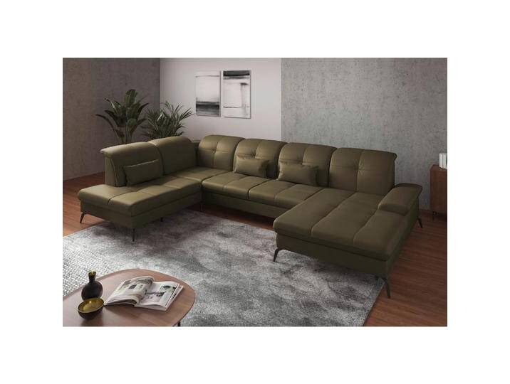 Sit & More WOHNLANDSCHAFT, Olivgrün, Leder, Kombination Echtleder/Stoff, Nappaleder, 6,5-Sitzer, Ottomane links, U-Form, 357x231 cm, Goldenes M, Made von sit&more