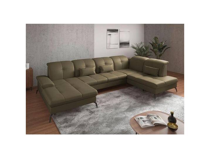 Sit & More WOHNLANDSCHAFT, Olivgrün, Leder, Kombination Echtleder/Stoff, Nappaleder, 6.5-Sitzer, Ottomane rechts, U-Form, 357x231 cm, Goldenes M, Made von sit&more