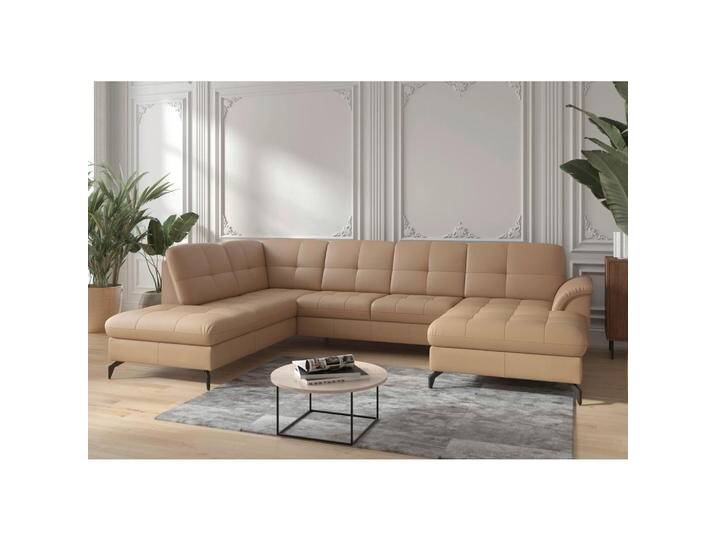 Sit & More WOHNLANDSCHAFT ZORA E, Cappuccino, Leder, Kombination Echtleder/Stoff, Nappaleder, 7,5-Sitzer, Ottomane links, U-Form, 319x212 cm, Goldenes von sit&more
