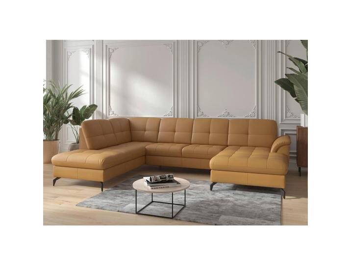 Sit & More WOHNLANDSCHAFT ZORA E, Currygelb, Leder, Kombination Echtleder/Stoff, Nappaleder, 7,5-Sitzer, Ottomane links, U-Form, 319x212 cm, Goldenes von sit&more