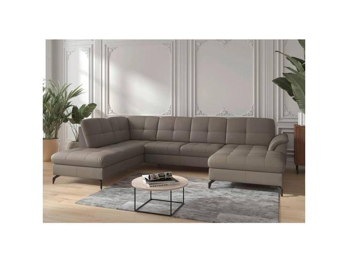 Sit & More WOHNLANDSCHAFT ZORA E, Grau, Leder, Kombination Echtleder/Stoff, Nappaleder, 7,5-Sitzer, Ottomane links, U-Form, 319x212 cm, Goldenes M, von sit&more