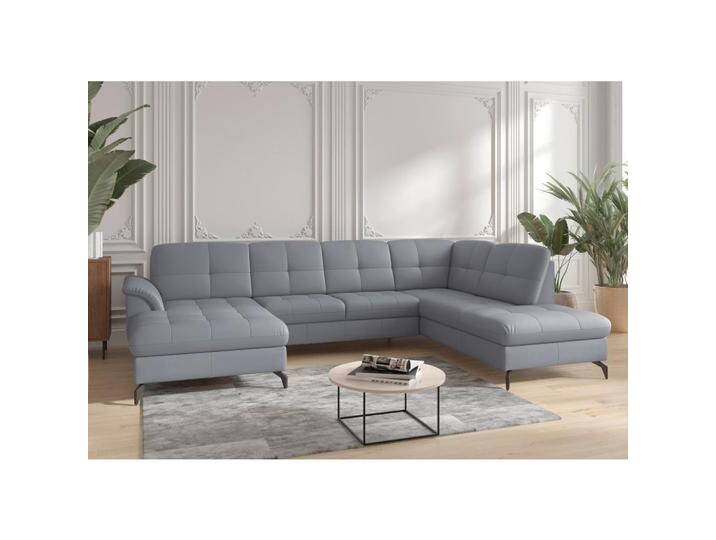 Sit & More WOHNLANDSCHAFT ZORA E, Graublau, Leder, Kombination Echtleder/Stoff, Nappaleder, 7,5-Sitzer, Ottomane rechts, U-Form, 319x212 cm, Goldenes von sit&more