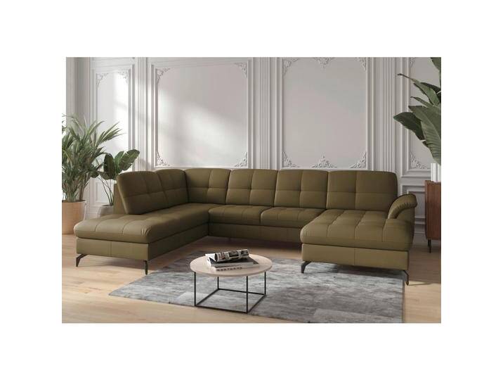 Sit & More WOHNLANDSCHAFT ZORA E, Olivgrün, Leder, Kombination Echtleder/Stoff, Nappaleder, 7,5-Sitzer, Ottomane links, U-Form, 319x212 cm, Goldenes von sit&more