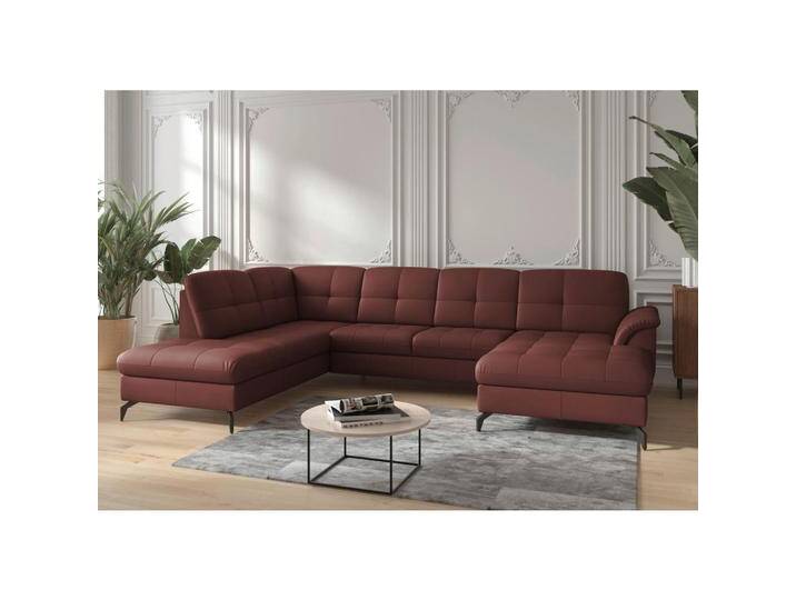 Sit & More WOHNLANDSCHAFT ZORA E, Rotbraun, Leder, Kombination Echtleder/Stoff, Nappaleder, 7,5-Sitzer, Ottomane links, U-Form, 319x212 cm, Goldenes von sit&more