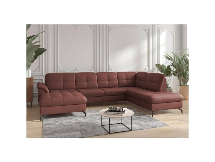 Sit & More WOHNLANDSCHAFT ZORA E, Rotbraun, Leder, Kombination Echtleder/Stoff, Nappaleder, 7,5-Sitzer, Ottomane rechts, U-Form, 319x212 cm, Goldenes von sit&more