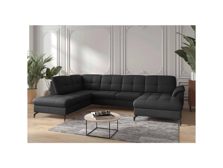 Sit & More WOHNLANDSCHAFT ZORA E, Schwarz, Leder, Kombination Echtleder/Stoff, Nappaleder, 7,5-Sitzer, Ottomane links, U-Form, 319x212 cm, Goldenes M, von sit&more