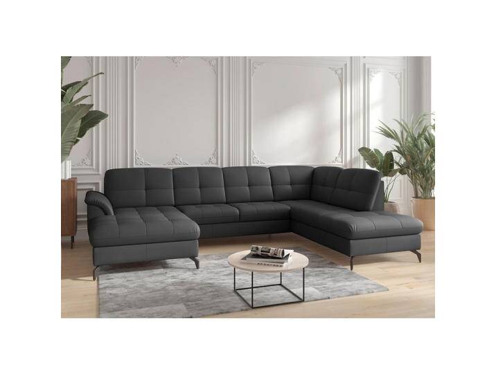 Sit & More WOHNLANDSCHAFT ZORA E, Schwarz, Leder, Kombination Echtleder/Stoff, Nappaleder, 7,5-Sitzer, Ottomane rechts, U-Form, 319x212 cm, Goldenes von sit&more