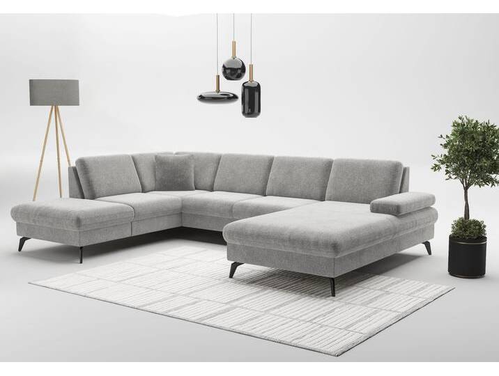 Wohnlandschaft SIT & MORE Morris Jubi U-Form , grau (hellgrau), B:300cm H:83cm T:202cm, 100% Polyester, Sofas, inkl. Armteilfunktion und 1 Zierkissen, wahlweise mit Bettfunktion von sit&more