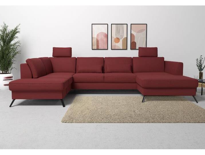 Wohnlandschaft SIT & MORE Olsen U-Form , rot (bordeaux), B:335cm H:88cm T:201cm, 100% Polyester, Sofas, inklusive Sitztiefenverstellung, wahlweise mit Bettfunktion, 15cm hoch von sit&more