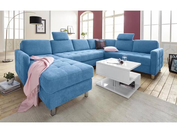 Wohnlandschaft SIT & MORE Pablo U-Form , blau (hellblau), B:292cm H:80cm T:87cm, Struktur (100% Polyester);Kunstleder SOFTLUX;Luxus-Microfaser ALTARA NUBUCK (100% Polyester), Sofas, wahlweise mit Bettfunktion und Bettkasten von sit&more