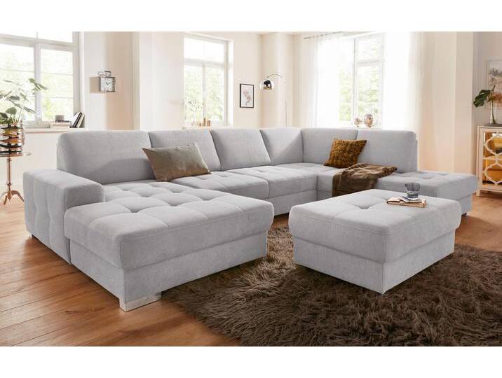 Wohnlandschaft SIT & MORE Santorini U-Form , silber, B:340cm H:82cm T:224cm, Luxus-Microfaser ALTARA NUBUCK (100% Polyester) / Struktur (100% Polyester), Flachgewebe (100% Polyester) / Struktur (100% Polyester), Sofas, mit Federkern und Sitztiefenverstellung, wahlweise mit Bettfunktion von sit&more