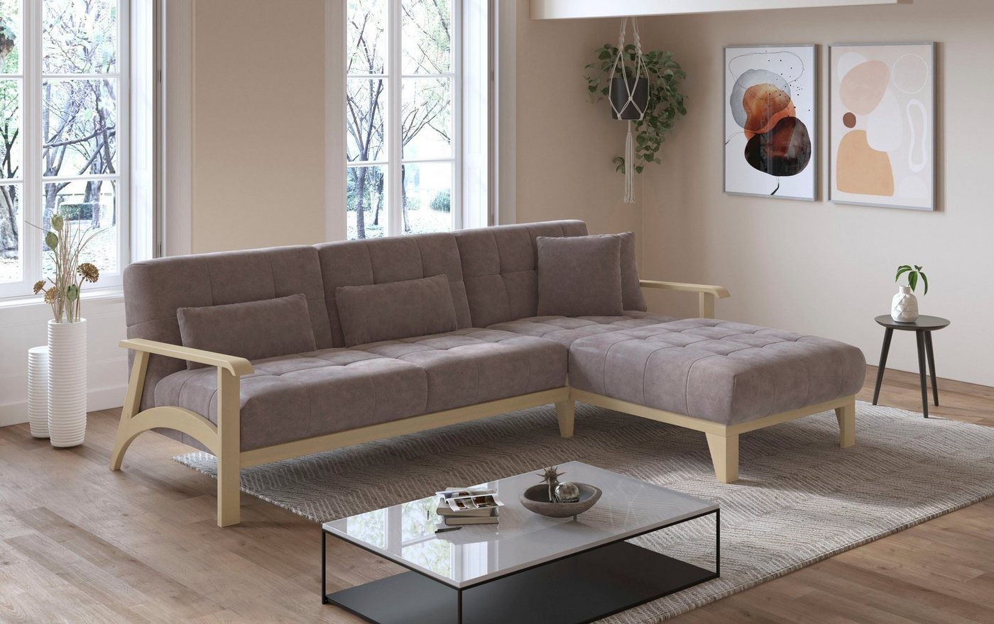 sit&more Ecksofa Billund, Armlehnen aus Buchenholz in natur, verschiedene Bezüge und Farben von sit&more