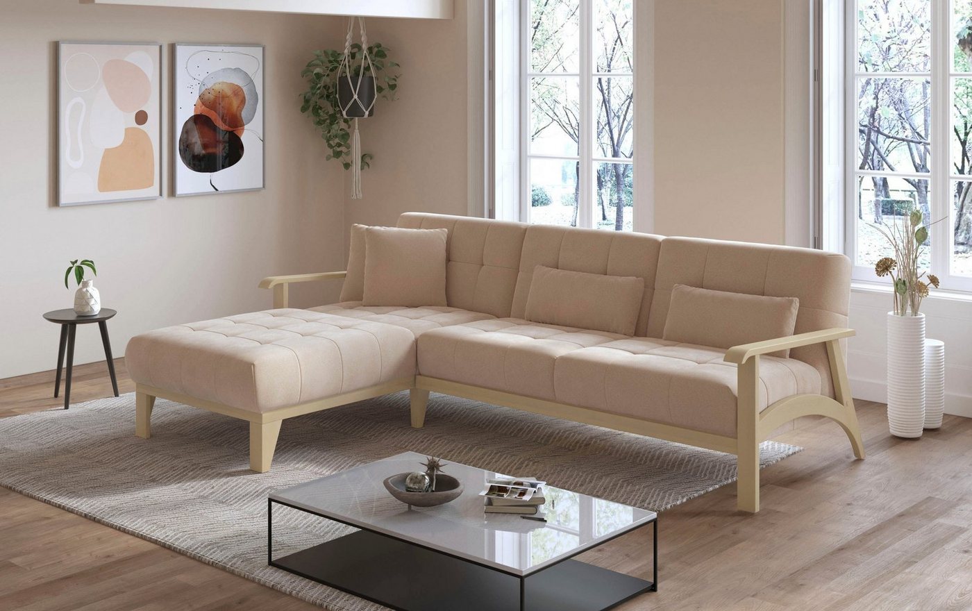 sit&more Ecksofa Billund L-Form, Armlehnen aus Buchenholz in natur, verschiedene Bezüge und Farben von sit&more