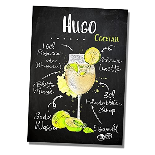siviwonder Cocktail Schild Hugo Rezept Alu-Dibond 3 mm wetterfest - Bar Deko Metall für Theke Küche Garten Partykeller - 20×14 cm Tafel Retro Look ohne Bohrlöcher Indoor Outdoor von siviwonder