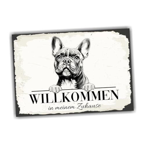 siviwonder Hundeschild Willkommen Zuhause French Bulldog Frenchie No.3 Dog Schild Spruch Türschild Warnschild Geschenkidee schöner Spruch Hundemotiv Aluminium Wetterfestes Hundeschild von siviwonder