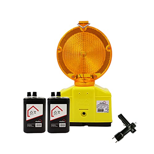 1 x siwitec LED Baustellenleuchte gelb inkl. 2 x Blockbatterien Typ 4R25 6V 7Ah, LED Warnleuchte für Baustellen im Straßenbau mit Lampenschlüssel, Baustellenabsicherung von siwitec