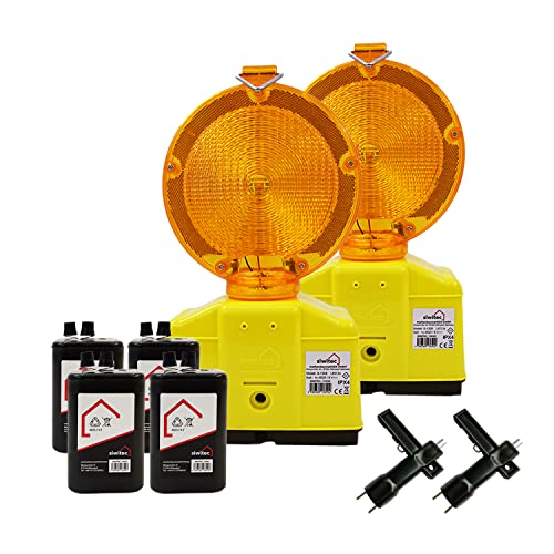 2 x siwitec LED Baustellenleuchte gelb inkl. 4 x Blockbatterien Typ 4R256V 7Ah, LED Warnleuchte für Baustellen im Straßenbau mit Lampenschlüssel, Baustellenabsicherung von siwitec