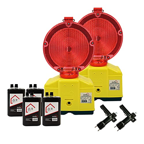 2 x siwitec LED Baustellenleuchte rot/transparent inkl. 4 x Blockbatterien Typ 4R25 6V 7Ah, LED Warnleuchte für Baustellen im Straßenbau mit Lampenschlüssel, Baustellenabsicherung von siwitec