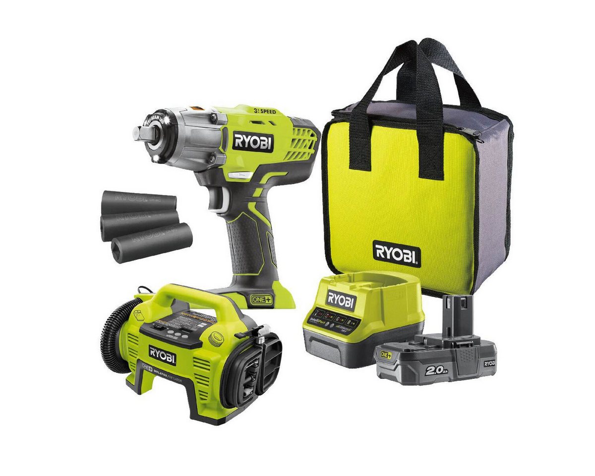 Ryobi Akku-Schlagschrauber 18 V ONE+ Reifenwechsel-Set, Akku Kompressor, 2,0 Ah Akku & Ladegerät, 400,00 Nm, (4-tlg) von siwitec