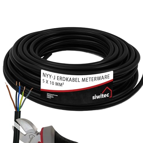 siwitec Erdkabel NYY-J 5x10 mm², Starkstromkabel PVC Erdleitung in schwarz, exakt zugeschnittene Meterware in Profi-Qualität, Länge (aktuelle Auswahl) = 12 Meter von siwitec