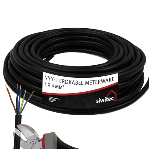 siwitec Erdkabel NYY-J 5x4 mm², Starkstromkabel PVC Erdleitung in schwarz, exakt zugeschnittene Meterware in Profi-Qualität, Länge (aktuelle Auswahl) = 6 Meter von siwitec