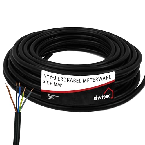 siwitec Erdkabel NYY-J 5x6 mm², Starkstromkabel PVC Erdleitung in schwarz, exakt zugeschnittene Meterware in Profi-Qualität, Länge (aktuelle Auswahl) = 26 Meter von siwitec
