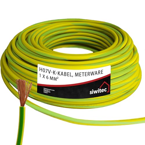 siwitec H07V-K Kabel 1 x 6 mm², Erdungskabel 6mm2, Erdungsleitung PVC feindrähtig, grün-gelb, Verdrahtungsleitung 450/750V, flexible Aderleitung, 3-100 m in der Auswahl - Ihre Länge: 12 m von siwitec