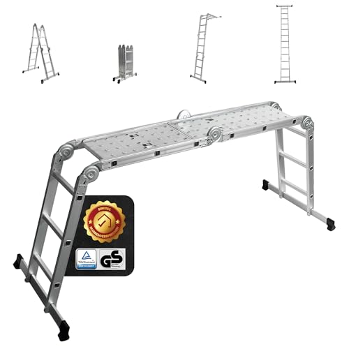 siwitec Mehrzweckleiter 4 x 3 Stufen, Leiter mit 2 Gerüstplatten, Sprossenleiter bis 150 kg, Trittleiter, Aluleiter, Haushaltsleiter, 12 Stufen, TÜV/GS Zertifiziert von siwitec