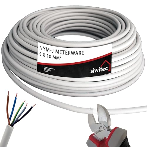 siwitec NYM-J 5x10 mm² Kabel, Mantelleitung, Installationskabel, Feuchtraumkabel in grau, exakt zugeschnittene Meterware in Profi-Qualität, Länge (aktuelle Auswahl) = 10 Meter von siwitec