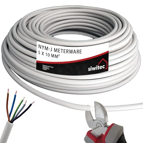 siwitec NYM-J 5x10 mm² Kabel, Mantelleitung, Installationskabel, Feuchtraumkabel in grau, exakt zugeschnittene Meterware in Profi-Qualität, Länge (aktuelle Auswahl) = 15 Meter von siwitec