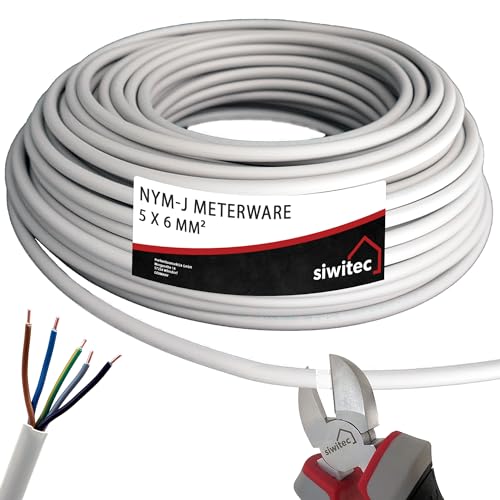 siwitec NYM-J 5x6 mm² Kabel, Mantelleitung, Installationskabel, Feuchtraumkabel in grau, exakt zugeschnittene Meterware in Profi-Qualität, Länge (aktuelle Auswahl) = 11 Meter von siwitec