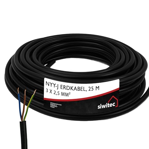 siwitec NYY-Kabel, NYY-J 3x2,5 mm², 25 m, Erdkabel, Installationskabel, Erdleitung, Kabelring - Made in Germany von siwitec