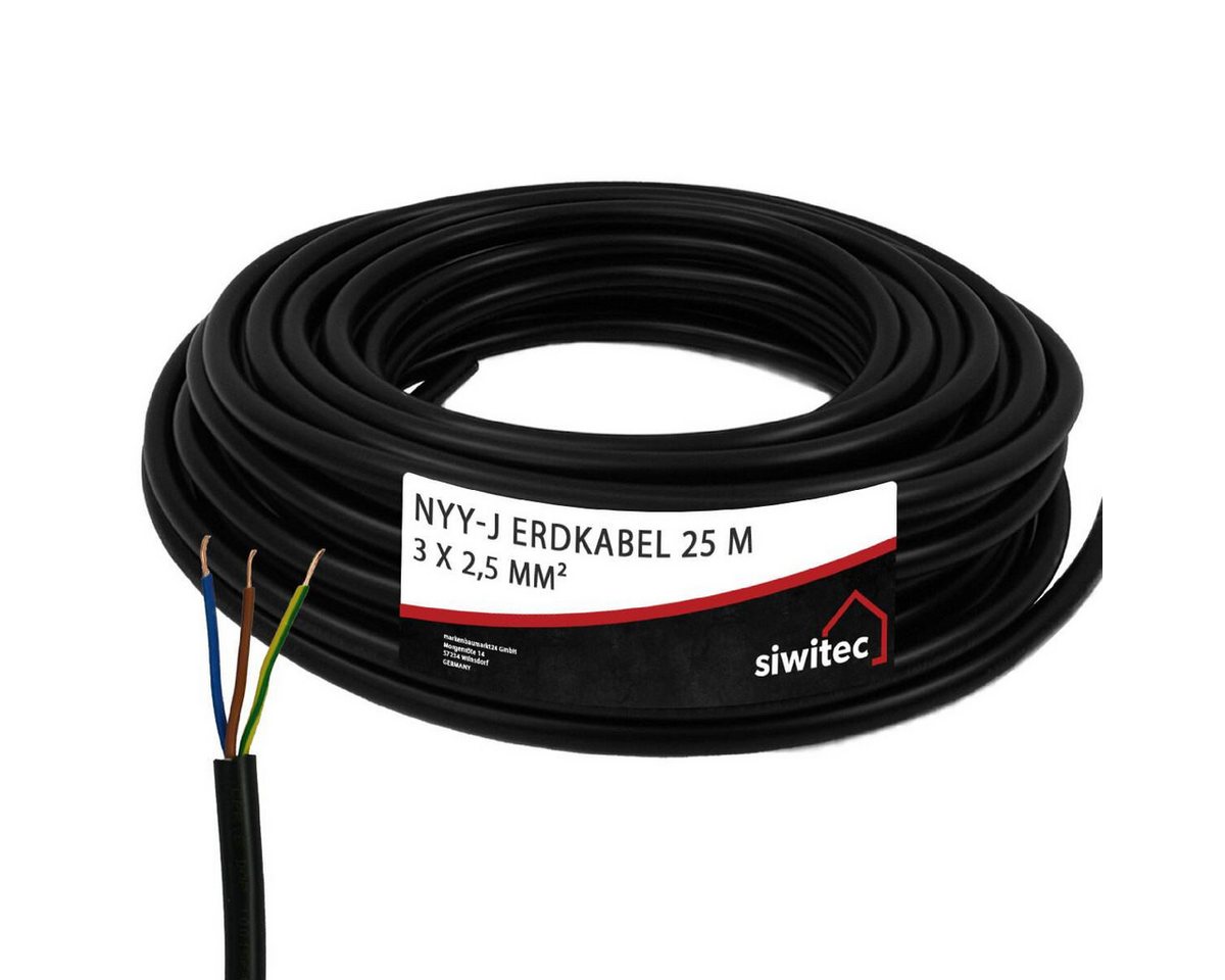 siwitec NYY-Kabel mit 3 Adern 2,5 mm² Aderquerschnitt in 25 m Länge Erdkabel, NYY-Kabel, (2500 cm), NYY-J Kabel, Polyvinylchlorid, Made in Germany, 2,5 mm² Aderquerschnitt von siwitec